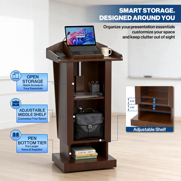 P-T40FK-H0 - Podium Stand with Wheels, 43.3-53.1" Adjustable Lectern, Walnut