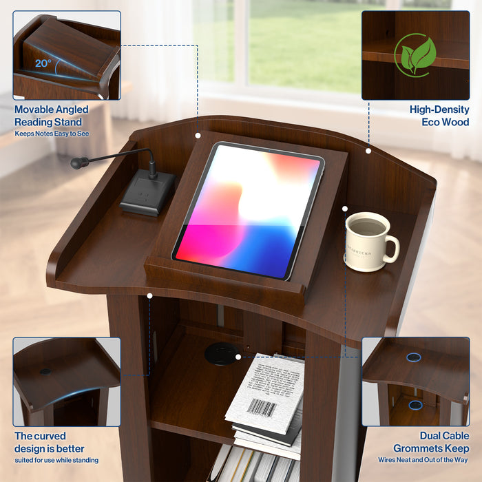 P-T40FK-H0 - Podium Stand with Wheels, 43.3-53.1" Adjustable Lectern, Walnut