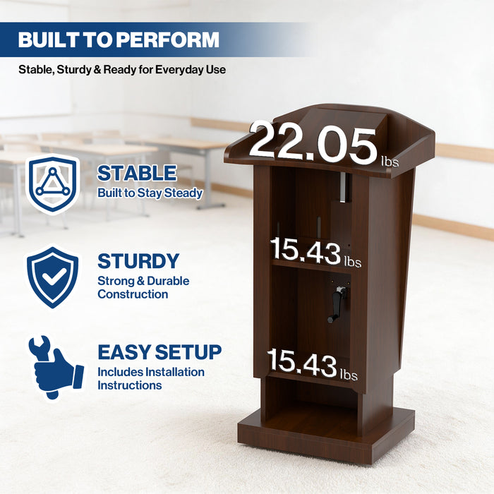 P-T40FK-H0 - Podium Stand with Wheels, 43.3-53.1" Adjustable Lectern, Walnut