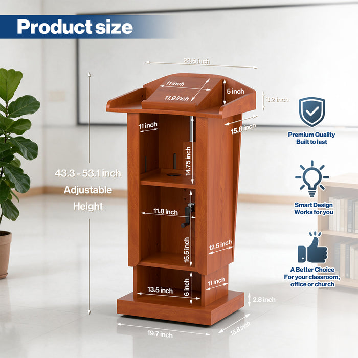P-T40FK-R0 - Podium Stand with Wheels, 43.3-53.1" Adjustable Lectern, Cherry