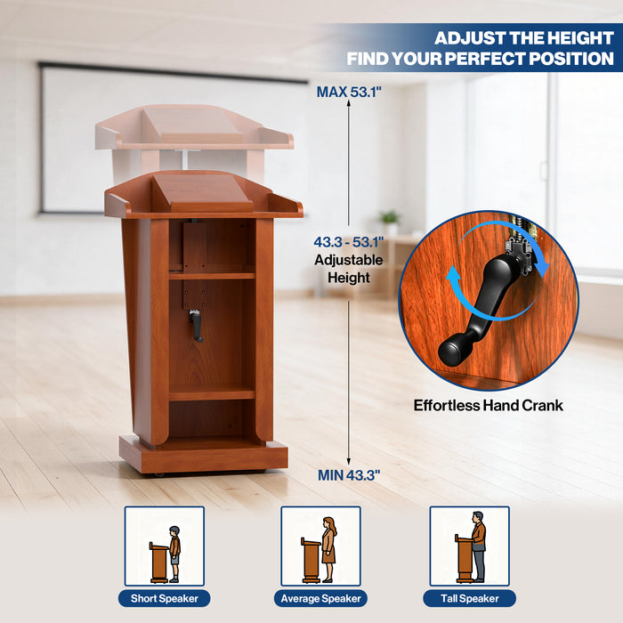 P-T40FK-R0 - Podium Stand with Wheels, 43.3-53.1" Adjustable Lectern, Cherry