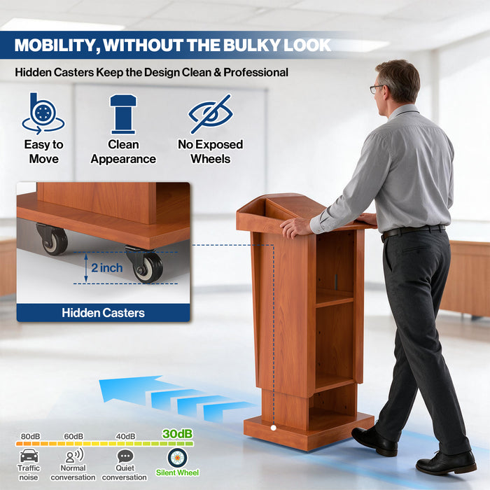 P-T40FK-R0 - Podium Stand with Wheels, 43.3-53.1" Adjustable Lectern, Cherry