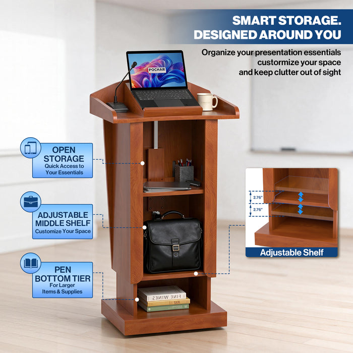 P-T40FK-R0 - Podium Stand with Wheels, 43.3-53.1" Adjustable Lectern, Cherry