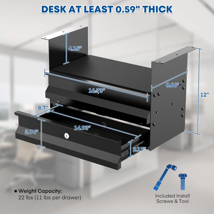 P-TD2FK-H0 - 2-Tier Under Desk Slide Out Drawer with Lock