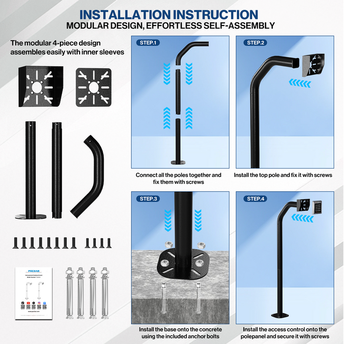 T-22-H - POCHAR 47" Universal Gooseneck Pedestal Post for Gate Keypad & Intercom