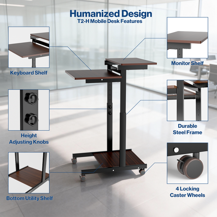 T2-H - Height Adjustable 2-Tier Rolling Computer Cart