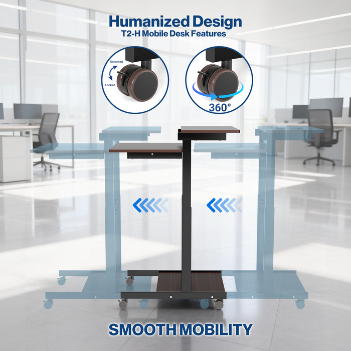 T2-H - Height Adjustable 2-Tier Rolling Computer Cart