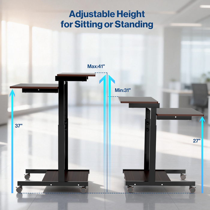 T2-H - Height Adjustable 2-Tier Rolling Computer Cart