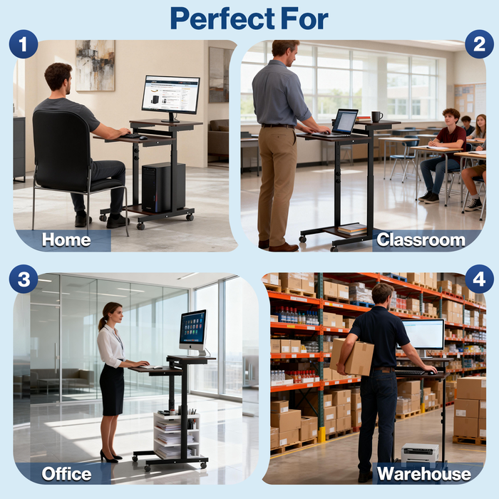 T2-H - Height Adjustable 2-Tier Rolling Computer Cart