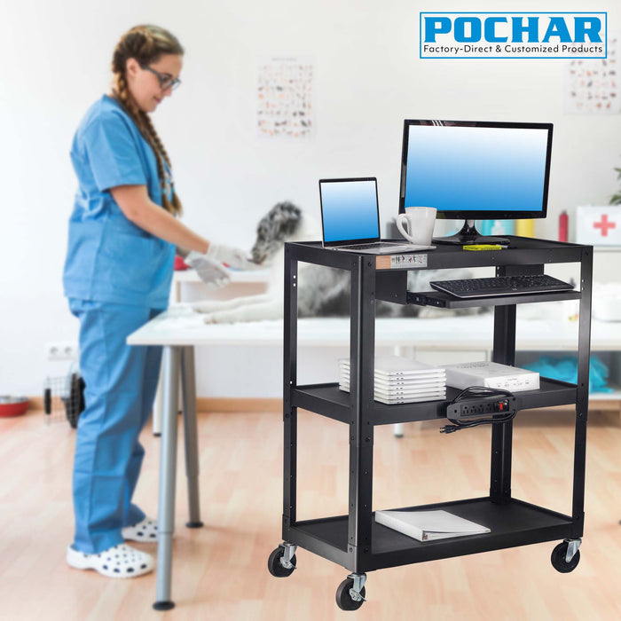 POCHAR-AVJL-Extra-Large-Steel-Cart-with-Keyboard-Tray-Steel-Audio-Visual-Cart-Metal-Presentation-Cart-Heavy-Duty-Projector-Cart