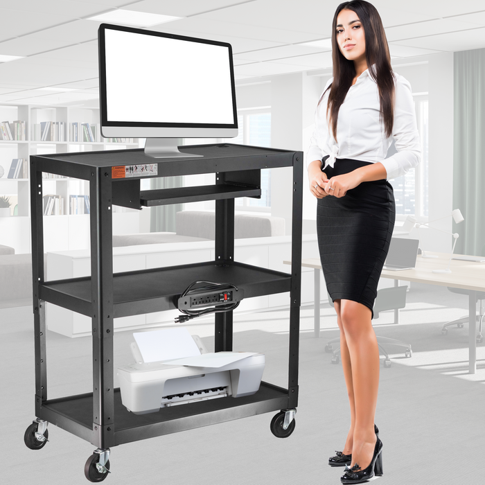 POCHAR-AVJL-Extra-Large-Steel-Cart-with-Keyboard-Tray-Steel-Audio-Visual-Cart-Metal-Presentation-Cart-Heavy-Duty-Projector-Cart